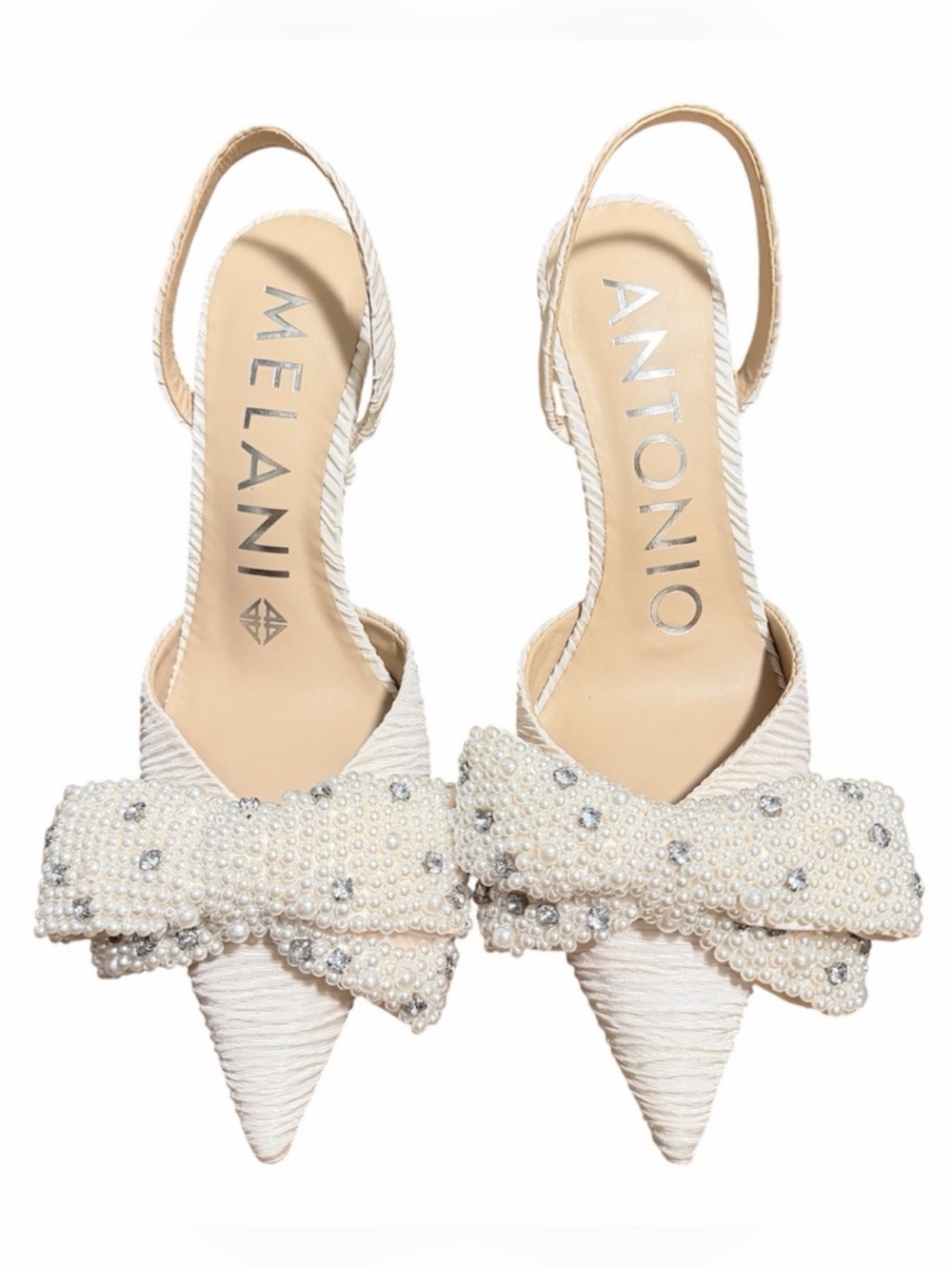 NWT Antonio Melani Champagne Pearl Bow Slingback Heels Pointed Toe Size 8 - Picture 5 of 8